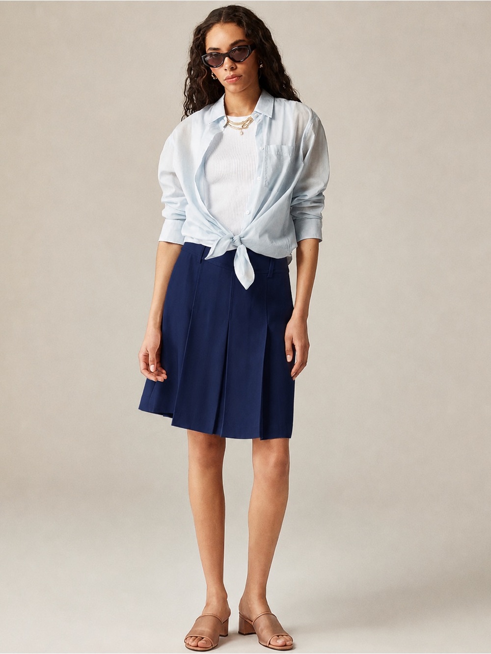 J. Crew 2025 Pleated Knee Length Skirt 14 Navy Blue Classic Minimalist Preppy - Picture 2 of 10